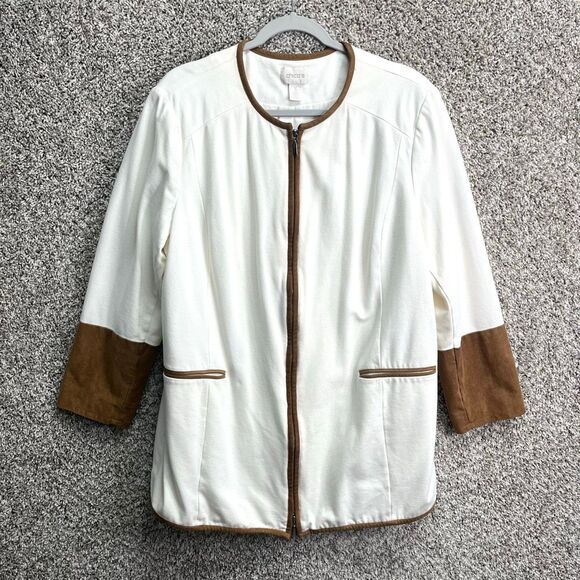 Chico’s Jacket Women’s 3 / XL / 16 Ivory White and Brown Suede Trim Zip Up Ponte - Picture 1 of 8